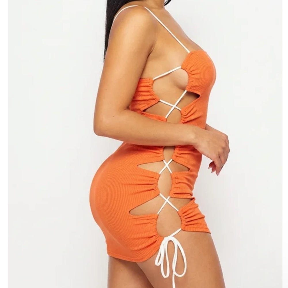 Orange Ruched Drawstring Mini Dress - Picture 2 of 8